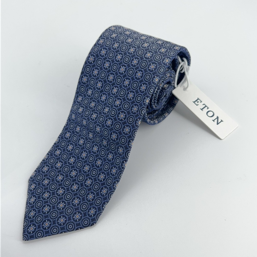 Eton Silk Tie Mens Blue Geometric Medallion Necktie Made In Italy Luxury‎ NWT